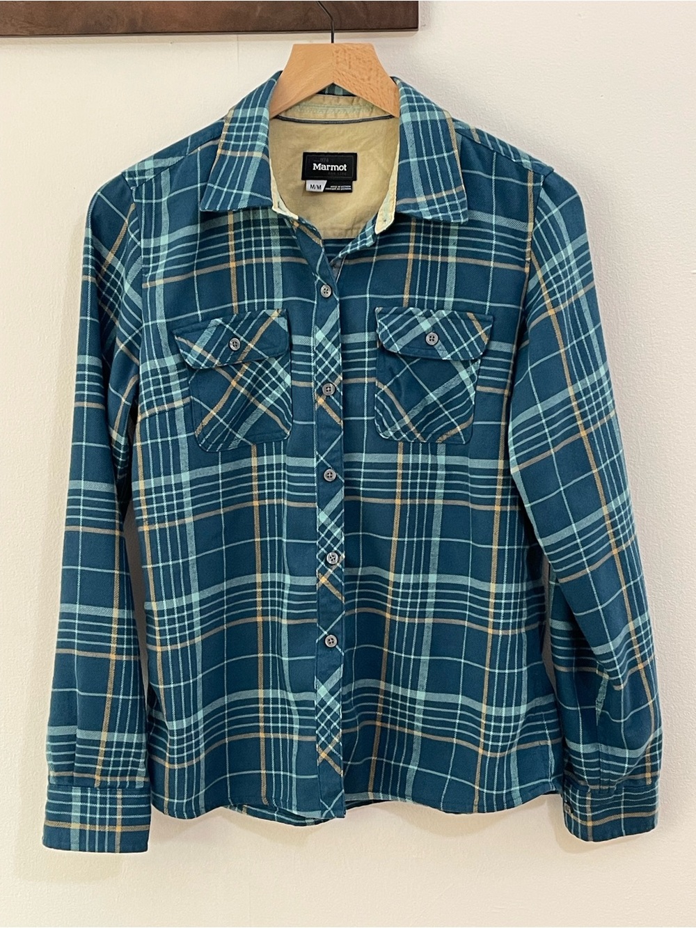 Marmot Blue Teal Plaid Flannel Button Front Shirt Women’s Medium